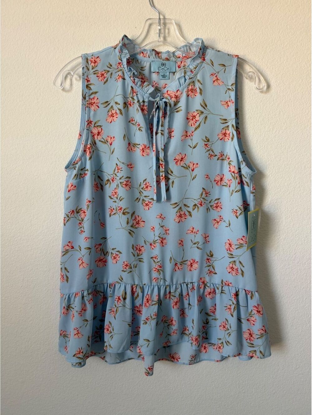 CeCe Sleeveless Ruffled Tie Neck Floral Peplum Blouse Semi-Sheer Women's Size S